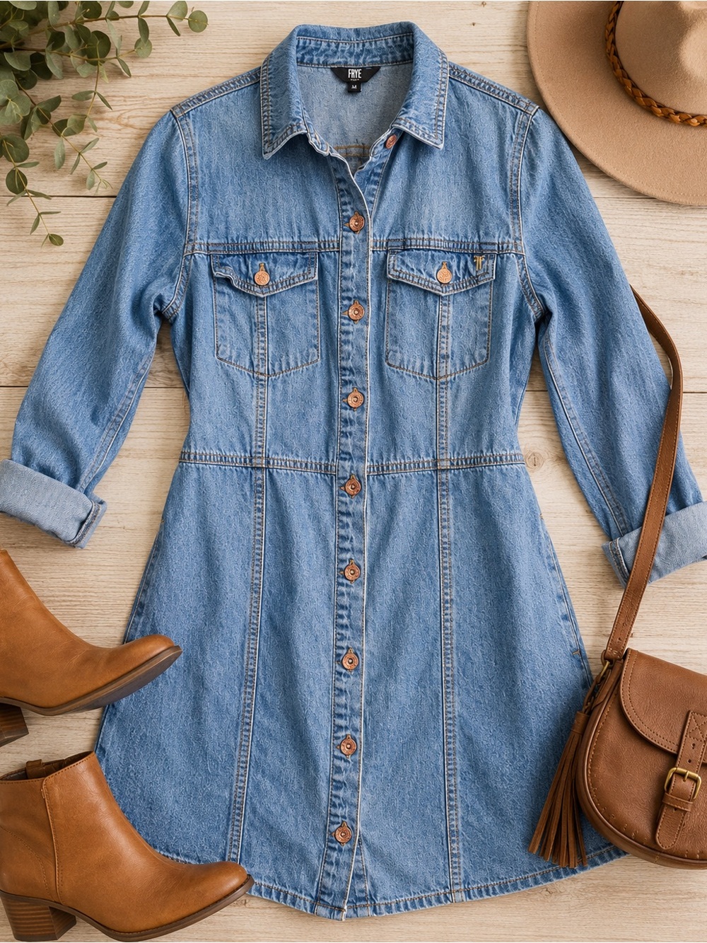 Frye Women’s Denim Shirt Dress Medium Light Wash Button Front 100% Cotton
